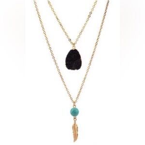 2/$15 - Boho Double Layer Necklace | Black & Gold Feather Pendant Necklace | NWT